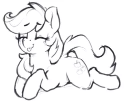 Size: 802x644 | Tagged: safe, artist:dimfann, derpibooru import, applejack, earth pony, pony, cute, eyes closed, female, jackabetes, mare, monochrome, prone, silly, silly pony, solo, tongue out, who's a silly pony