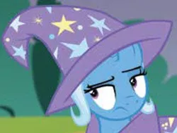 Size: 986x746 | Tagged: safe, derpibooru import, edit, edited screencap, screencap, trixie, pony, celestial advice, blurry, clothes, female, hat, mare, needs more jpeg, solo, trixie is not amused, trixie's hat, unamused, wizard hat