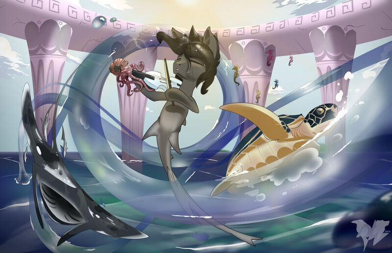 Size: 1600x1036 | Tagged: artist:humble-ravenwolf, artist:ravenhoof, derpibooru import, floating stream, island, jewelry, male, manta ray, mermay, mermay2019, merpony, musical instrument, oc, ocean, oc:ravenhoof, octopus, original species, reef, river, ruins, safe, seahorse, sea turtle, shark, shark pony, stream, violin