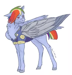 Size: 1000x1051 | Tagged: safe, artist:basiliskfree, derpibooru import, rainbow dash, pegasus, pony, the cutie re-mark, alternate timeline, amputee, apocalypse dash, artificial wings, augmented, chest fluff, clothes, crystal war timeline, female, mare, military uniform, neck fluff, prosthetic limb, prosthetic wing, prosthetics, scar, simple background, uniform, white background, wings