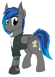 Size: 1608x2253 | Tagged: safe, artist:kamithepony, derpibooru import, oc, oc:atom bomb, pegasus, pony, amputee, clothes, jacket, prosthetic limb, prosthetics, robotic hoof, simple background, solo, transparent background