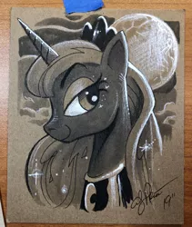 Size: 866x1024 | Tagged: safe, artist:andypriceart, derpibooru import, princess luna, alicorn, pony, colored pencil drawing, crown, female, grayscale, jewelry, mare, monochrome, moon, regalia, solo, traditional art