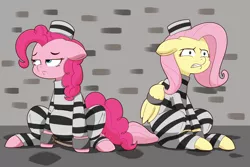 Size: 9000x6000 | Tagged: safe, artist:chedx, derpibooru import, fluttershy, pinkie pie, pony, bored, bound wings, clothes, frustrated, hat, prison, prison outfit, prison stripes, prisoner, wing cuffs, wings