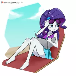 Size: 1000x1000 | Tagged: safe, artist:twilite-sparkleplz, derpibooru import, rarity, equestria girls, equestria girls series, forgotten friendship, barefoot, clothes, cute, feet, female, legs, lounge chair, patreon, patreon logo, raribetes, schrödinger's pantsu, solo, sunbathing, sunglasses, swimsuit, tanning mirror, thighs