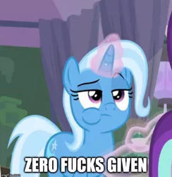 Size: 500x512 | Tagged: safe, derpibooru import, edit, edited screencap, screencap, starlight glimmer, trixie, pony, unicorn, student counsel, caption, cropped, eating, image macro, imgflip, meme, offscreen character, text, vulgar, zero fucks given