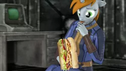 Size: 1920x1080 | Tagged: suggestive, artist:spinostud, derpibooru import, oc, oc:littlepip, anthro, unicorn, fallout equestria, fanfic, 3d, clothes, fanfic art, female, floppy ears, food, horn, jumpsuit, mare, not porn, sandwich, sandwich censorship, solo, source filmmaker, terminal, tongue out, vault suit