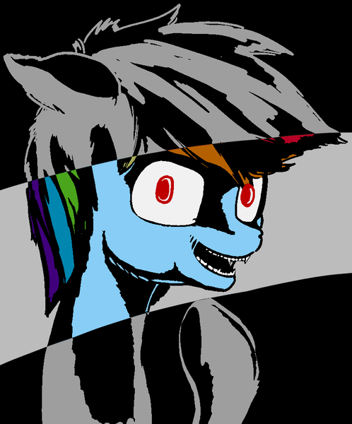 Size: 830x1000 | Tagged: semi-grimdark, artist:umgaris, derpibooru import, rainbow dash, pegasus, pony, creepy, creepy grin, dark, darkness, female, grayscale, grin, horror, monochrome, red eyes, scary, smiling, teeth