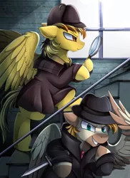 Size: 2550x3509 | Tagged: safe, artist:pridark, derpibooru import, oc, oc:electuroo, unnamed oc, unofficial characters only, pegasus, pony, clothes, commission, dagger, detective, hat, high res, magnifying glass, spy, weapon