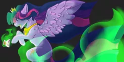 Size: 8009x4046 | Tagged: safe, artist:freckledely, derpibooru import, twilight sparkle, twilight sparkle (alicorn), alicorn, pony, abstract background, absurd resolution, dock, female, fire, floppy ears, green fire, immortality blues, jewelry, mare, new crown, older, open mouth, peytral, profile, rearing, regalia, remembrance (audio drama), solo, spread wings, wings