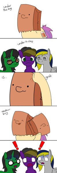 Size: 976x2953 | Tagged: safe, artist:wyntermoon, derpibooru import, oc, oc:ambitious gossip, oc:paper bag, oc:skyfly, oc:wyntermoon, pony, comic, dialogue, exclamation point, fake cutie mark, kakashi hatake, kakashi would be proud, naruto, paper bag, reference, shocked