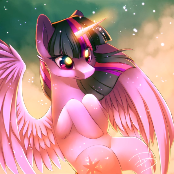 Size: 1080x1080 | Tagged: safe, artist:jacky-bunny, derpibooru import, twilight sparkle, twilight sparkle (alicorn), alicorn, pony, beautiful, cloud, cute, deviantart watermark, ear fluff, eye clipping through hair, eye reflection, female, flying, glowing horn, horn, mare, obtrusive watermark, reflection, smiling, solo, sparkles, speedpaint available, spread wings, twiabetes, watermark, windswept mane, wings