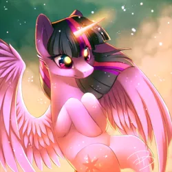 Size: 1080x1080 | Tagged: safe, artist:jacky-bunny, derpibooru import, twilight sparkle, twilight sparkle (alicorn), alicorn, pony, beautiful, cloud, cute, deviantart watermark, ear fluff, eye clipping through hair, eye reflection, female, flying, glowing horn, horn, mare, obtrusive watermark, reflection, smiling, solo, sparkles, speedpaint available, spread wings, twiabetes, watermark, windswept mane, wings