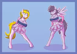 Size: 2508x1760 | Tagged: suggestive, artist:funble, derpibooru import, oc, oc:silver dust, oc:white heart, unofficial characters only, anthro, pegasus, unguligrade anthro, unicorn, belly button, big breasts, breasts, clothes, evening gloves, female, females only, gloves, hit or miss, huge breasts, legs, long gloves, midriff, miniskirt, pleated skirt, rule 63, simple background, skirt, tanktop