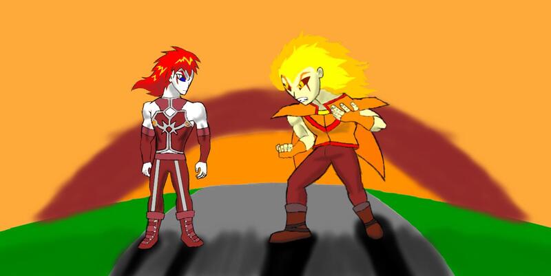 Size: 1366x685 | Tagged: safe, artist:israelyabuki, derpibooru import, oc, oc:eternal flames, oc:pennywise, oc:supernova, unofficial characters only, equestria girls, 1000 hours in ms paint, abs, angry, armor, boots, clothes, epic fight, fire hair, it, muscles, pennywise, ready to fight, red hair, ronald mcdonald, saint seiya, shoes, stand-off, sundown