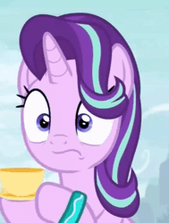 Size: 328x435 | Tagged: safe, derpibooru import, screencap, starlight glimmer, pony, unicorn, student counsel, animated, bracelet, cropped, cup, cute, drink, female, glimmerbetes, grin, hoof hold, jewelry, mare, nervous, nervous grin, nervous laugh, smiling, solo, starlight's bracelet, teacup