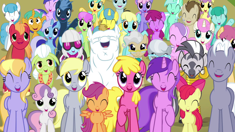 Size: 1280x720 | Tagged: safe, derpibooru import, screencap, amethyst star, apple bloom, berry punch, berryshine, big macintosh, bulk biceps, cherry berry, cloud kicker, crescent pony, derpy hooves, diamond tiara, dizzy twister, granny smith, lemon hearts, lightning bolt, lyra heartstrings, mane moon, mayor mare, merry may, minuette, neon lights, orange swirl, parasol, photo finish, rainbowshine, rising star, royal riff, sassaflash, scootaloo, sea swirl, seafoam, silver spoon, snails, snips, spring melody, sprinkle medley, star hunter, sunshower raindrops, sweetie belle, twinkleshine, white lightning, zecora, earth pony, pegasus, pony, unicorn, zebra, season 4, twilight's kingdom, ^^, background pony, colt, crowd, cutie mark crusaders, everypony, eyes closed, female, filly, foal, happy, image, male, mare, png, raised hoof, so much pony, spread wings, stallion, wall of tags, wings