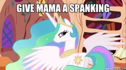 Size: 600x337 | Tagged: bronybait, butt, caption, derpibooru import, edit, edited screencap, golden oaks library, image macro, implied spanking, lesson zero, plot, princess celestia, screencap, solo, spanking, suggestive, text