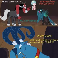 Size: 1600x1600 | Tagged: safe, derpibooru import, edit, edited screencap, screencap, cozy glow, grogar, lord tirek, queen chrysalis, centaur, changeling, changeling queen, pegasus, pony, sheep, frenemies (episode), bow, cloven hooves, cozy glow is not amused, female, filly, foal, grammar error, hair bow, legion of doom, male, nose piercing, nose ring, piercing, ram