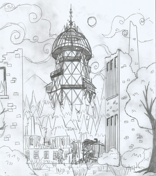 Size: 1696x1912 | Tagged: safe, artist:newman134, derpibooru import, apple bloom, scootaloo, sweetie belle, human, equestria girls, canterlot city, forest, humanized, monochrome, original location, ruins, steampunk, tesla, tesla coil, urban exploration, wardenclyffe tower