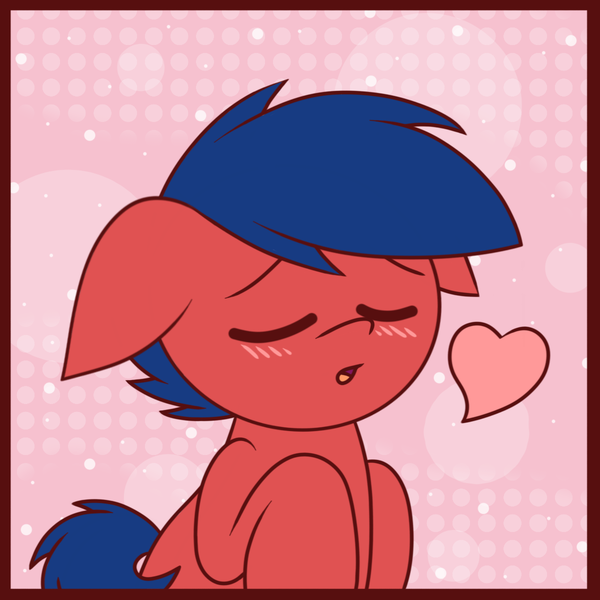 Size: 1200x1200 | Tagged: safe, artist:thebadbadger, derpibooru import, oc, oc:phire demon, unofficial characters only, pony, abstract background, eyes closed, floating heart, floppy ears, heart, kissy face, solo