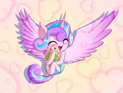 Size: 1600x1200 | Tagged: safe, artist:phoenixperegrine, derpibooru import, princess flurry heart, whammy, alicorn, pony, a flurry of emotions, adorable face, anatomically incorrect, baby, baby alicorn, baby flurry heart, baby pony, blushing, cloth diaper, cute, dawwww, diaper, diapered, diapered filly, eyes closed, female, filly, flurrybetes, happy, happy baby, heart, hug, incorrect leg anatomy, infant, large wings, newborn baby, newborn filly, open mouth, pink background, pink diaper, plushie, simple background, smiling, solo, spread wings, squishy cheeks, wings