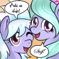 Size: 500x500 | Tagged: safe, artist:marikaefer, derpibooru import, cloudchaser, flitter, pony, ask flitter and cloudchaser, ask, bust, censored vulgarity, dialogue, duo, female, gradient background, looking at you, mare, one eye closed, open mouth, siblings, sisters, smiling, speech bubble, talking to viewer, tumblr, vulgar