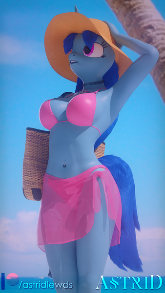 Size: 1080x1920 | Tagged: 3d, anthro, armpits, artist:rinny, belly button, bellyring, bikini, blender, choker, clothes, derpibooru import, dickgirl, female, oc, oc:lovebrew, piercing, safe, see-through, solo, swimsuit, transgender, trans girl, unofficial characters only