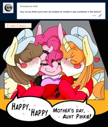 Size: 1589x1869 | Tagged: artist:blackbewhite2k7, ask, batman, batman beyond, clothes, costume, crossover, crying, dee dee, derpibooru import, harley quinn, kissing, lipstick, makeup, mother's day, older, parent:pinkie pie, pinkie pie, pinkie quinn, pound cake, pumpkin cake, safe, tears of joy, tumblr