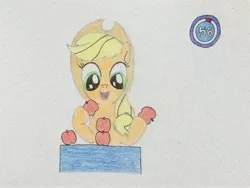 Size: 3264x2448 | Tagged: safe, artist:don2602, derpibooru import, applejack, earth pony, pony, apple, female, food, looking down, minute to win it, solo, stacking, table, timer, traditional art