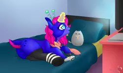 Size: 4540x2705 | Tagged: artist:raspberrystudios, bed, bedroom, butt, clothes, commission, controller, deer, deer pony, derpibooru import, dualshock controller, gaming, laying on bed, magic, oc, oc:lozy, on bed, original species, plot, pusheen, safe, side, socks, underhoof, unofficial characters only
