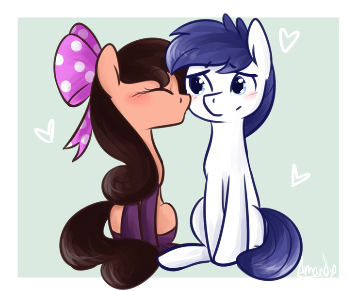 Size: 1226x1000 | Tagged: safe, artist:lilliesinthegarden, derpibooru import, oc, oc:peachypups, oc:protocat, unofficial characters only, pony, blushing, cute, kissing, kissing on the cheek