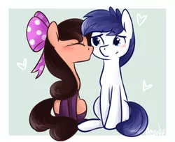 Size: 1226x1000 | Tagged: safe, artist:lilliesinthegarden, derpibooru import, oc, oc:peachypups, oc:protocat, unofficial characters only, pony, blushing, cute, kissing, kissing on the cheek