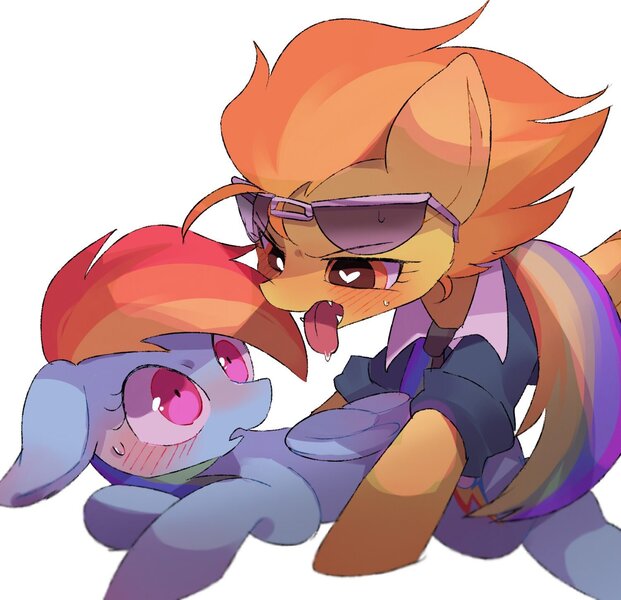 Size: 1500x1450 | Tagged: suggestive, artist:masa_0006, derpibooru import, rainbow dash, spitfire, pegasus, pony, blushing, fangs, female, glasses, heart eyes, lesbian, mare, open mouth, shipping, spitdash, sweat, tongue out, wingding eyes