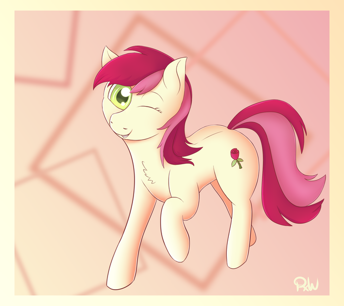 Size: 1800x1600 | Tagged: safe, artist:ponyxwright, derpibooru import, roseluck, pony, abstract background, one eye closed, solo, wink