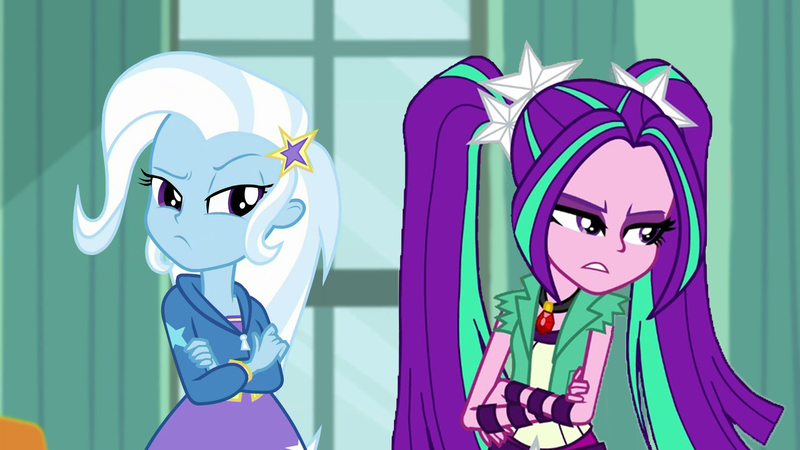 Size: 1920x1080 | Tagged: safe, artist:ktd1993, derpibooru import, edit, edited screencap, screencap, aria blaze, trixie, a little birdie told me, equestria girls, equestria girls series, arixie, female, lesbian, shipping