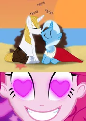 Size: 600x844 | Tagged: safe, artist:evil-dec0y, derpibooru import, edit, pinkie pie, prince blueblood, trixie, comic:trixie vs., coinky-dink world, eqg summertime shorts, equestria girls, bluetrix, female, kissing, male, meme, pinkie's eyes, shipping, shipping domino, straight