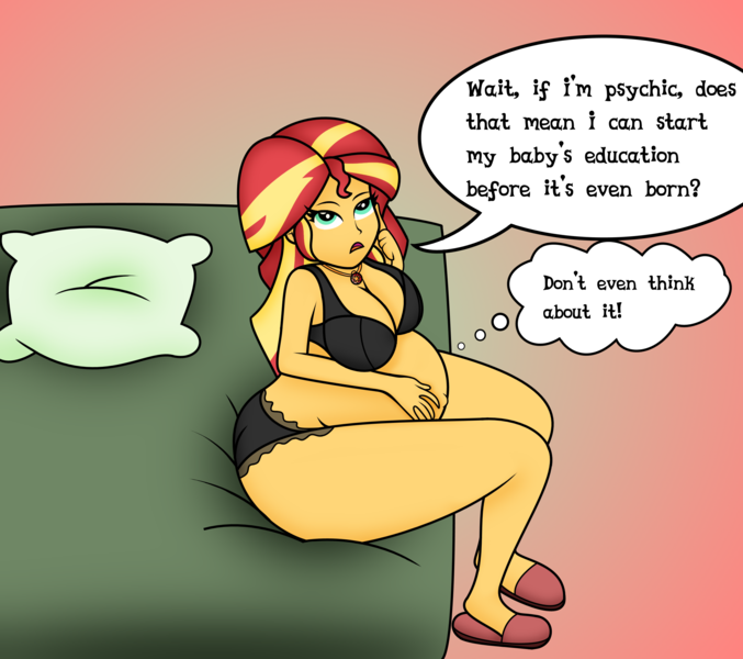 Size: 2476x2196 | Tagged: suggestive, artist:foxtide888, artist:pacificside18, derpibooru import, sunset shimmer, equestria girls, bed, belly, belly button, big belly, big breasts, bra, breasts, busty sunset shimmer, cleavage, clothes, dialogue, female, geode of empathy, hentai quotes, humor, lingerie, magical geodes, overweight, panties, pillow, pregnant, pregnant equestria girls, slippers, solo, solo female, sunset preggers, thinking, thought bubble, underwear, wat