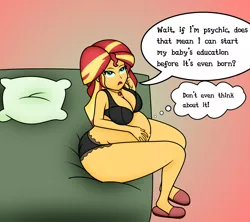 Size: 2476x2196 | Tagged: suggestive, artist:foxtide888, artist:pacificside18, derpibooru import, sunset shimmer, equestria girls, bed, belly, belly button, big belly, big breasts, bra, breasts, busty sunset shimmer, cleavage, clothes, dialogue, female, geode of empathy, hentai quotes, humor, lingerie, magical geodes, overweight, panties, pillow, pregnant, pregnant equestria girls, slippers, solo, solo female, sunset preggers, thinking, thought bubble, underwear, wat