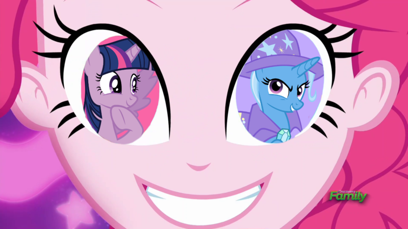 Size: 1280x720 | Tagged: safe, derpibooru import, edit, edited screencap, screencap, pinkie pie, trixie, twilight sparkle, twilight sparkle (alicorn), alicorn, coinky-dink world, eqg summertime shorts, equestria girls, discovery family logo, female, lesbian, meme, pinkie's eyes, shipping, shipping domino, twixie