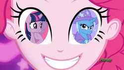 Size: 1280x720 | Tagged: safe, derpibooru import, edit, edited screencap, screencap, pinkie pie, trixie, twilight sparkle, twilight sparkle (alicorn), alicorn, coinky-dink world, eqg summertime shorts, equestria girls, discovery family logo, female, lesbian, meme, pinkie's eyes, shipping, shipping domino, twixie