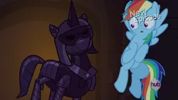 Size: 640x360 | Tagged: safe, derpibooru import, screencap, rainbow dash, pegasus, pony, castle mane-ia, armor, castle, castle of the royal pony sisters, dat face expression tho, female, flying, funny face, haunted, hub logo, mare, new episode, scared, solo