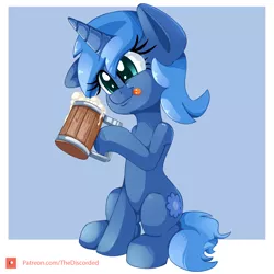 Size: 2000x2000 | Tagged: safe, artist:discorded, derpibooru import, oc, oc:double colon, unofficial characters only, pony, unicorn, alcohol, cider, female, image, mug, patreon, patreon logo, patreon reward, png, sitting, solo, tongue out