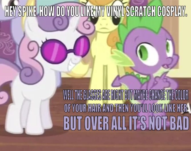 Size: 669x529 | Tagged: safe, derpibooru import, edit, edited screencap, editor:undeadponysoldier, screencap, carrot top, cloud kicker, golden harvest, spike, sweetie belle, dragon, unicorn, for whom the sweetie belle toils, asking for opinion, bad quality, caption, clothes, cosplay, costume, cropped, cute, discovery family logo, dj glasses, female, filly, image macro, male, smiling, sunglasses, text, train