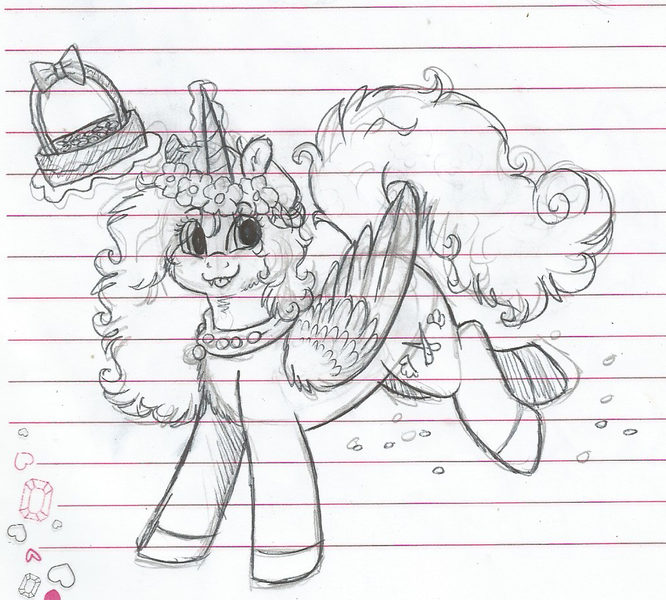 Size: 1014x914 | Tagged: safe, artist:69beas, derpibooru import, oc, oc:jessie feuer, unofficial characters only, alicorn, pony, alicorn oc, basket, bow, clothes, collar, fangs, female, flower, flower in hair, folded wings, graph paper, horn, jewelry, jumping, levitation, lined paper, looking at you, magic, mare, monochrome, regalia, shoes, smiling, solo, telekinesis, tongue out, traditional art, wings