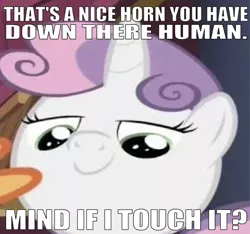 Size: 670x626 | Tagged: suggestive, derpibooru import, edit, edited screencap, editor:undeadponysoldier, screencap, scootaloo, sweetie belle, unicorn, just for sidekicks, bedroom eyes, caption, cropped, female, filly, image macro, implied foalcon, implied penis, implied sex, looking at dick, looking at you, looking down, meme, needs more jpeg, smiling, smirk, solo, talking to viewer, text