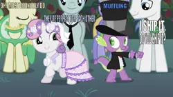 Size: 665x375 | Tagged: safe, derpibooru import, edit, edited screencap, editor:undeadponysoldier, screencap, bruce mane, cloud kicker, fine line, maxie, orion, shooting star (character), spike, sweetie belle, dragon, pegasus, pony, unicorn, a canterlot wedding, bush, caption, clothes, dancing, dress, everyday i'm shufflin', eyes closed, female, filly, flower, flower filly, flower girl, flower girl dress, flower in hair, grass, grin, hat, i ship it, image macro, in-universe brony, in-universe pegasister, looking at each other, male, mare, muffling, necktie, rose, shipper on deck, shipping, smiling, spikebelle, stallion, straight, text, top hat, tuxedo, wedding gown