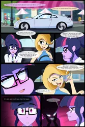 Size: 1500x2250 | Tagged: suggestive, artist:jase1505, deleted from derpibooru, derpibooru import, sci-twi, twilight sparkle, oc, oc:golden hour, human, series:sunlight horizons, equestria girls, annoyed, car, comic, female, freckles, glowing eyes, half-siblings, implied lesbian, implied scitwishimmer, implied shipping, midnight sparkle, nissan, nissan gt-r, offspring, parent:night light, parent:pear butter, parents:pearlight, siblings, sisters, smug, sweat