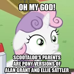 Size: 500x500 | Tagged: safe, derpibooru import, editor:wild stallions, mane allgood, snap shutter, sweetie belle, pony, the last crusade, caption, description is relevant, exploitable meme, image macro, jurassic park, meme, obligatory pony, scootaloo's parents, sudden clarity sweetie belle, text