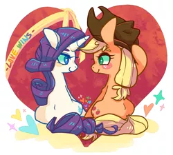 Size: 1000x900 | Tagged: safe, artist:phyllismi, derpibooru import, applejack, rarity, earth pony, pony, unicorn, blush sticker, blushing, cowboy hat, cute, female, hat, heart, heart background, jackabetes, lesbian, love, lovewins, mare, pride, raribetes, rarijack, shipping, sitting, taiwan