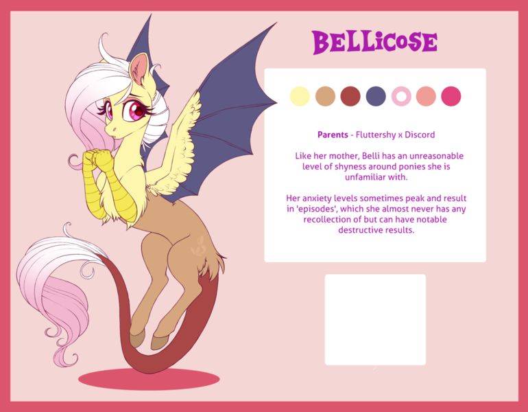 Size: 1280x998 | Tagged: artist:peridotkitty, derpibooru import, draconequus, draconequus oc, female, hybrid, interspecies offspring, oc, oc:bellicose, offspring, parent:discord, parent:fluttershy, parents:discoshy, reference sheet, safe, unofficial characters only